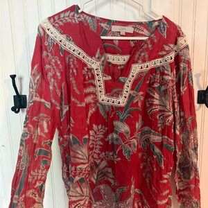 LOFT Red Tropical Print Lace-Trim Tunic